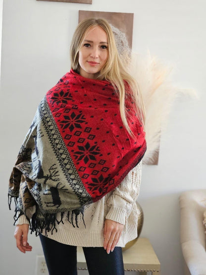 Red Handmade Yak Wool Reindeer Scarf: Himalayan Winter Shawl