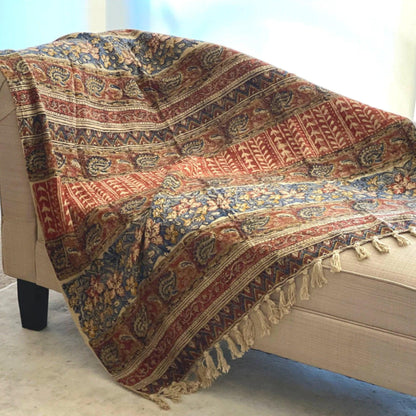 Hand Block Print Cotton Throw Blanket, Rustic Boho Decor (50x70)