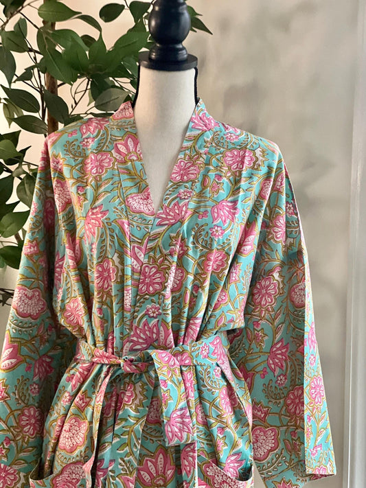 Block Print Cotton Kimono Robe: Boho Loungewear Dressing Gown