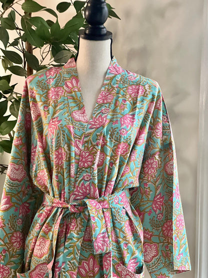 Cotton Block Print Robe, Ankle Length Floral Dressing Gown