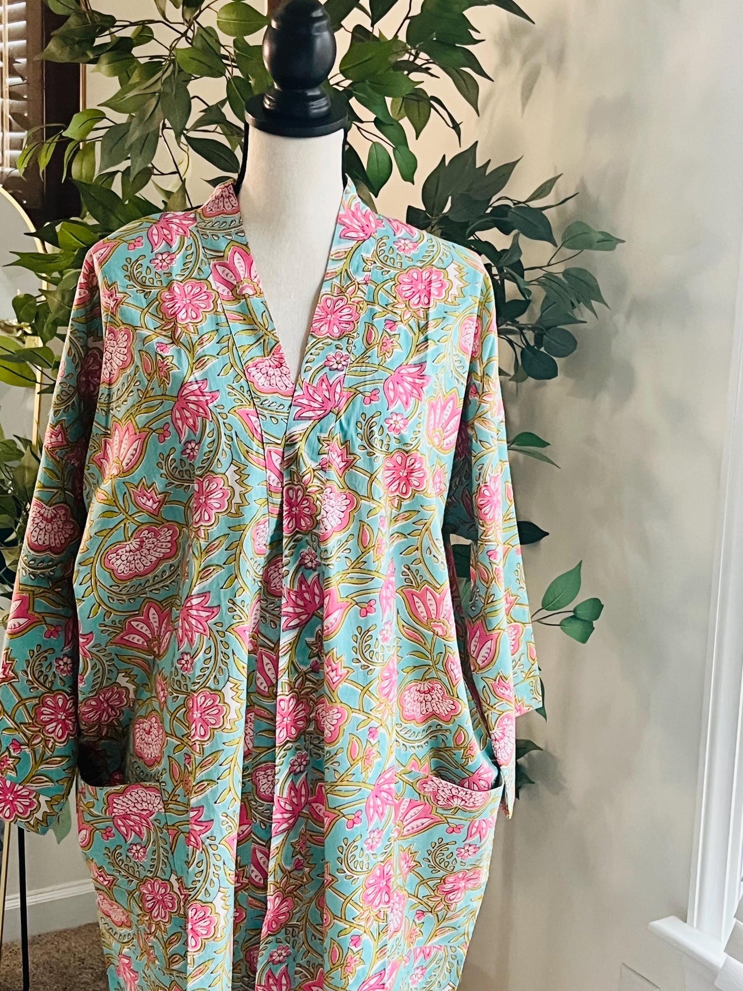 Cotton Block Print Robe, Ankle Length Floral Dressing Gown
