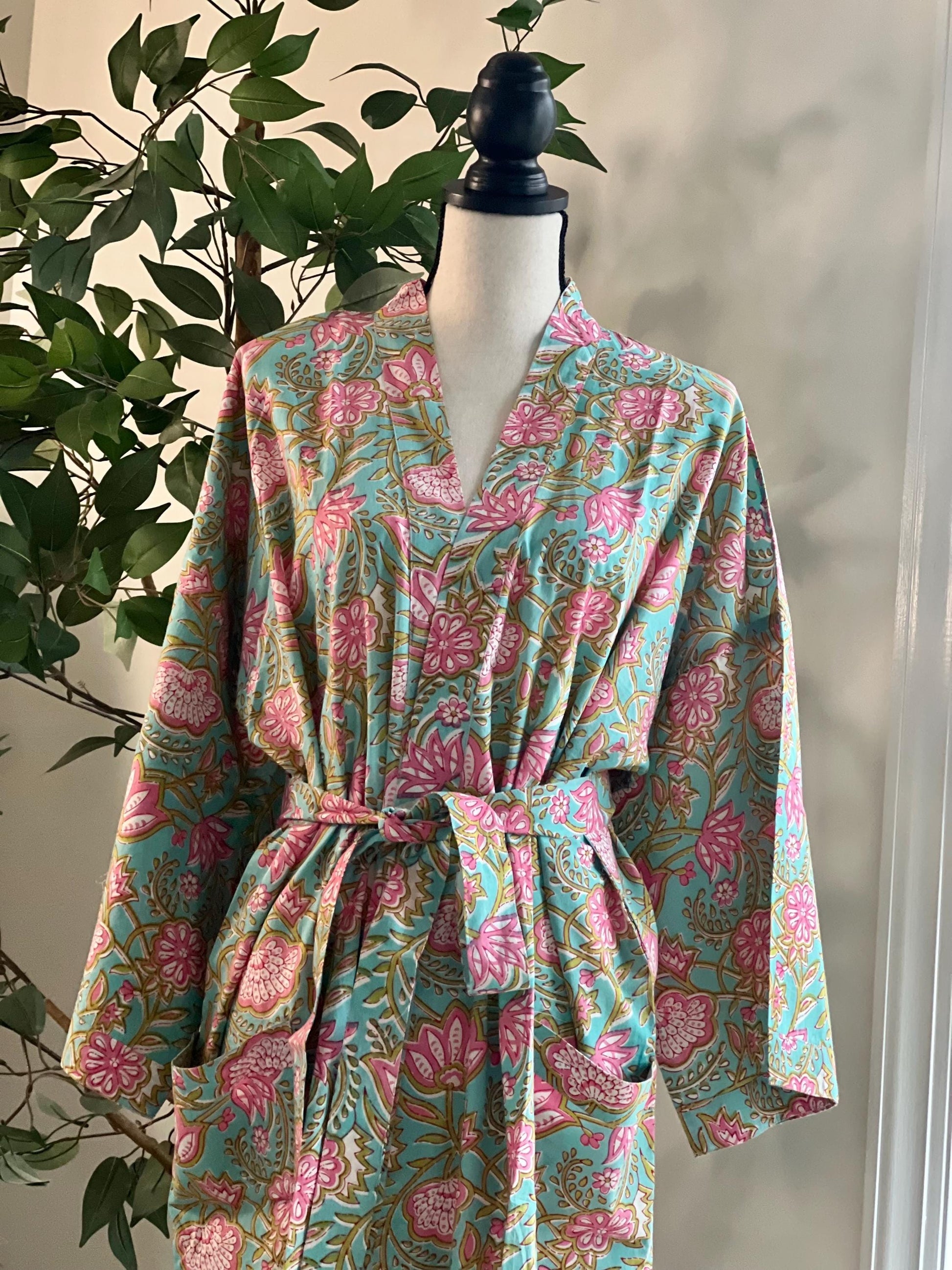 Cotton Block Print Robe, Ankle Length Floral Dressing Gown