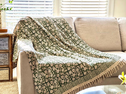 Green Floral Cotton Hand Block Print Throw Blanket with Tassels, Boho Home Decor