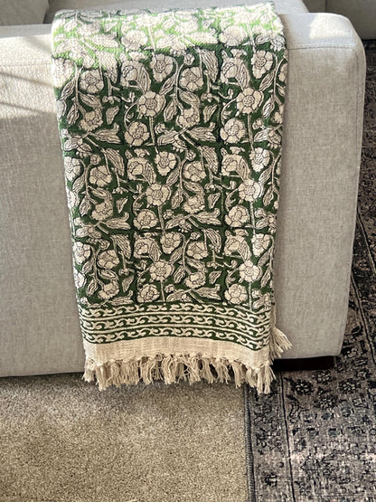 Green Floral Soft Throw Blanket, Hand Block Printed Cotton with Tassels