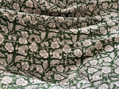 Green Floral Cotton Hand Block Print Throw Blanket with Tassels, Boho Home Decor