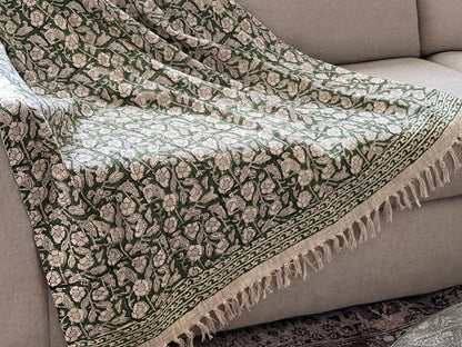 Green Floral Soft Throw Blanket, Hand Block Printed Cotton with Tassels
