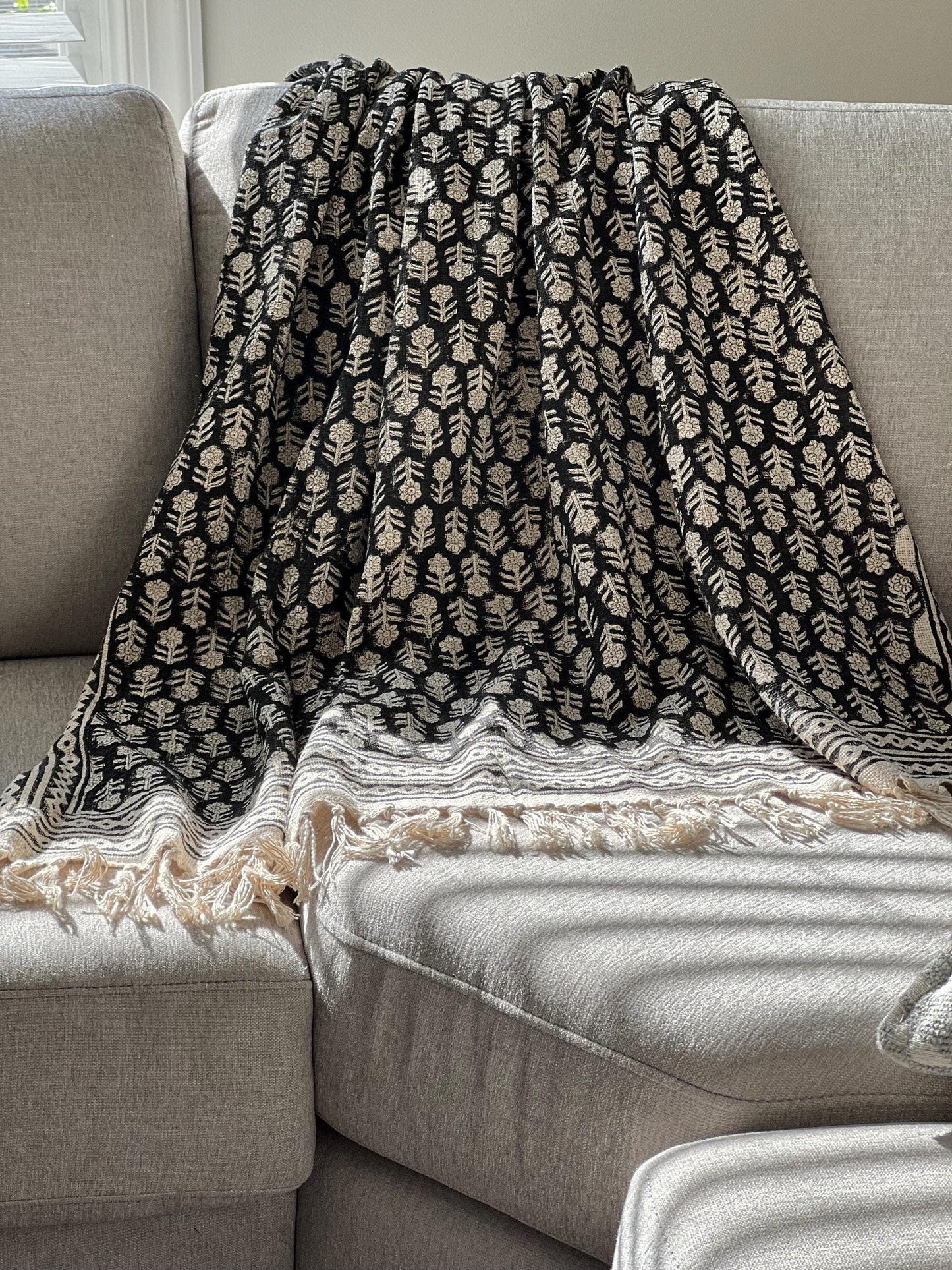 Black Hand Block Print Cotton Throw Blanket: Boho Floral Tassels Boho Blanket for Home Decor