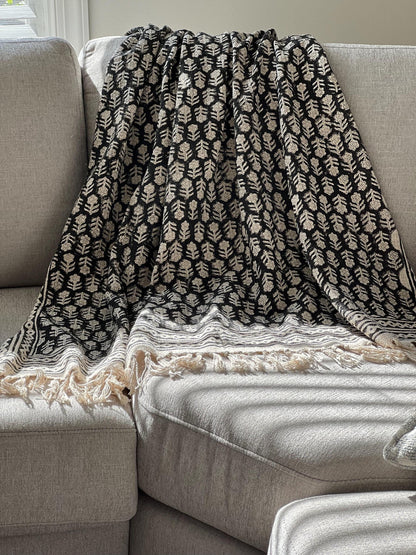 Black Hand Block Print Cotton Throw Blanket: Boho Floral Tassels Boho Blanket for Home Decor