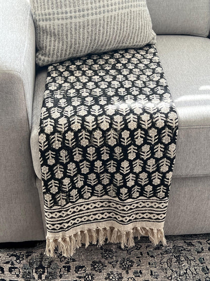 Black Hand Block Print Cotton Throw Blanket: Boho Floral Tassels Boho Blanket for Home Decor