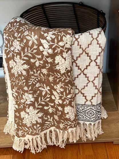 Brown Block Print Cotton Throw Blanket, Mud Cloth Style