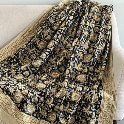 Hand Block Print Floral Throw Blanket: Boho Mud Cloth with Tassels