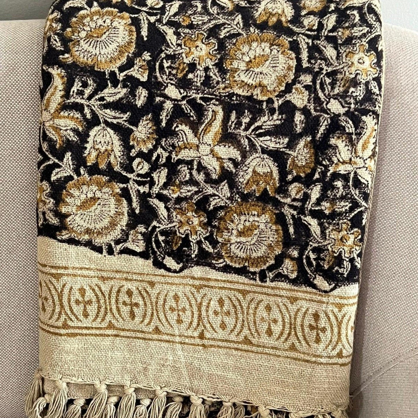 Hand Block Print Floral Throw Blanket: Boho Mud Cloth with Tassels