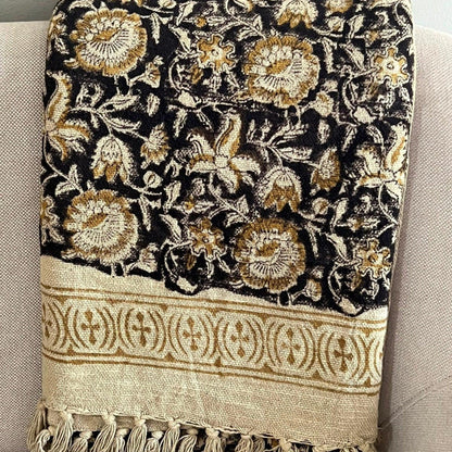 Hand Block Print Floral Throw Blanket: Boho Mud Cloth with Tassels