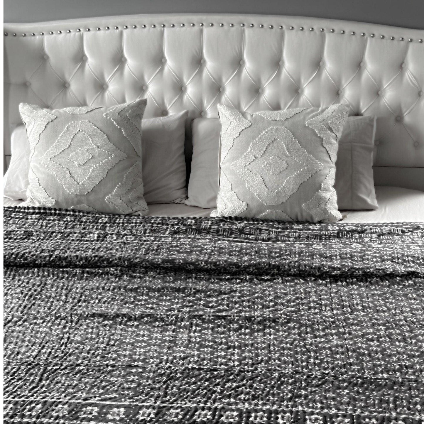 Brown Kantha Quilt, Handmade Block Print Cotton Bedspread