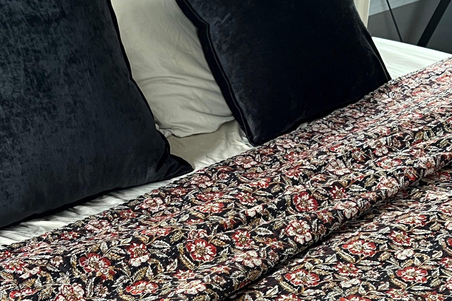Red Floral Handmade Block Print Cotton Kantha Quilt, Queen Size Bedspread