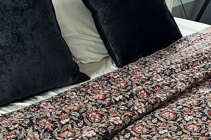 Red Floral Handmade Block Print Cotton Kantha Quilt, Queen Size Bedspread
