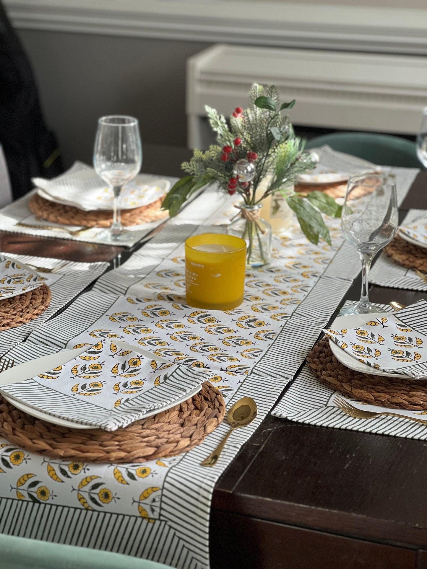 Hand Block Print Table Runner Set: Floral Cotton Placemats & Napkins