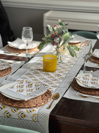 Hand Block Print Table Runner Set: Floral Cotton Placemats & Napkins