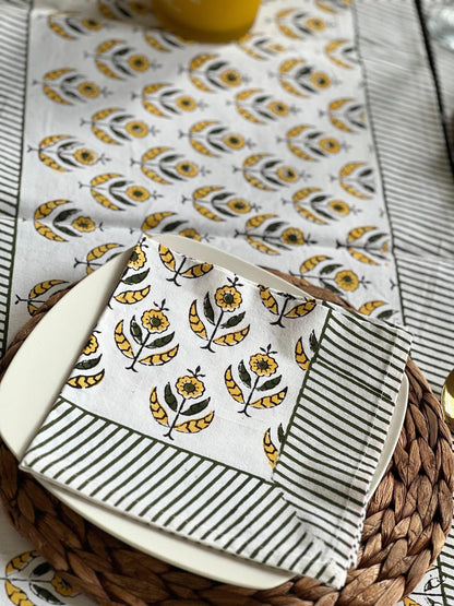 Hand Block Print Table Runner Set: Floral Cotton Placemats & Napkins