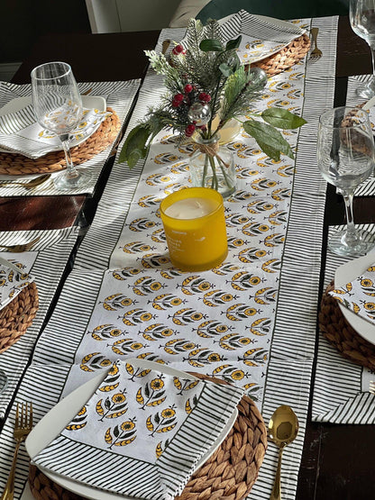 Hand Block Print Table Runner Set: Floral Cotton Placemats & Napkins