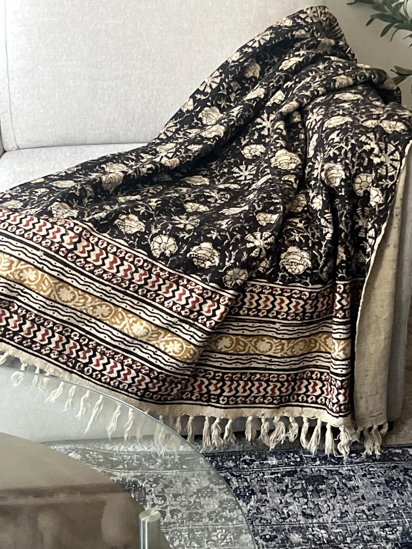 Floral Block Print Cotton Throw Blanket: Boho Decor with Tassels