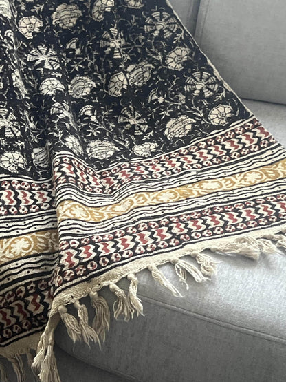 Floral Block Print Cotton Throw Blanket: Boho Decor with Tassels