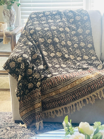 Floral Block Print Cotton Throw Blanket: Boho Decor with Tassels