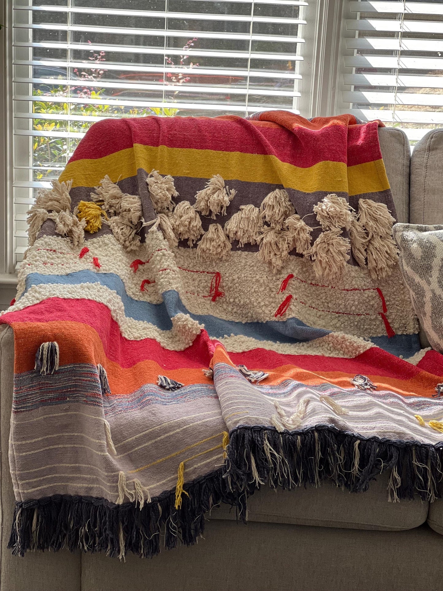 Handmade Boho Throw Blanket with Fringe, Colorful Cotton Sofa Decor (52" x 70")