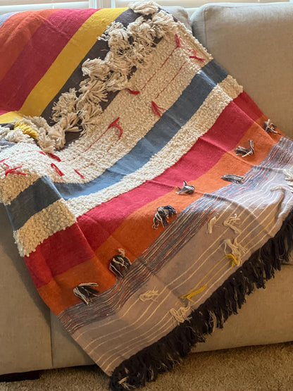 Handmade Boho Throw Blanket with Fringe, Colorful Cotton Sofa Decor (52" x 70")