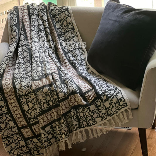 Hand Block Print Cotton Throw Blanket: Boho Floral Tassel Accent