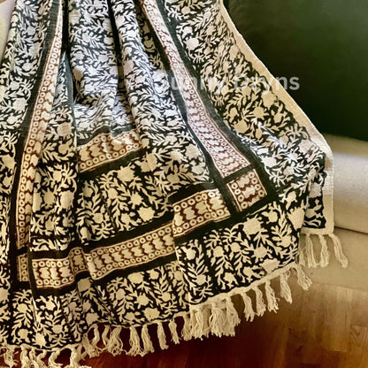 Hand Block Print Cotton Throw Blanket: Boho Floral Tassel Accent