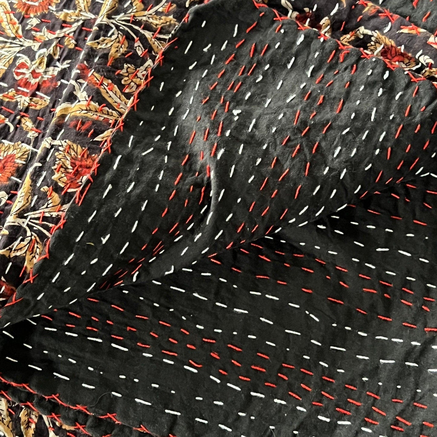 Burgundy Floral Kantha Quilt: Indian-Inspired Cotton Bedding