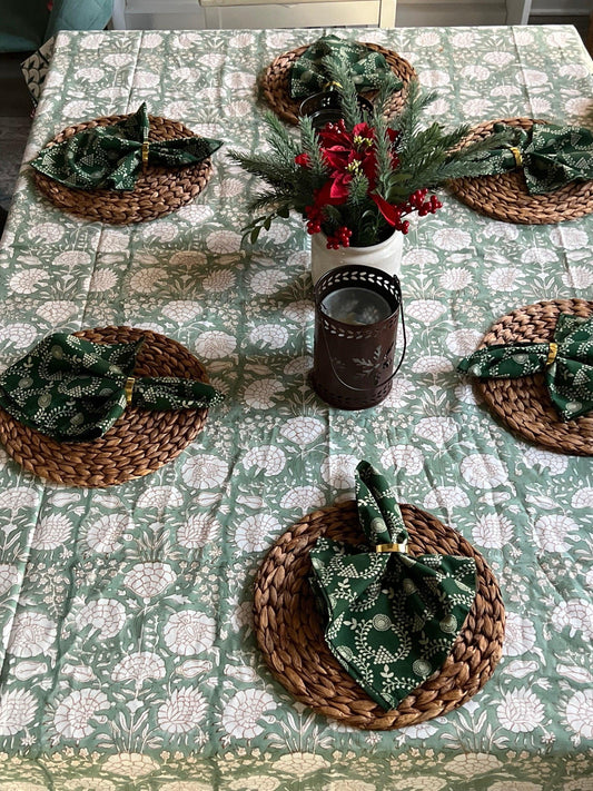 Sage Green Floral Block Print Tablecloth: Cotton Christmas Table Decor