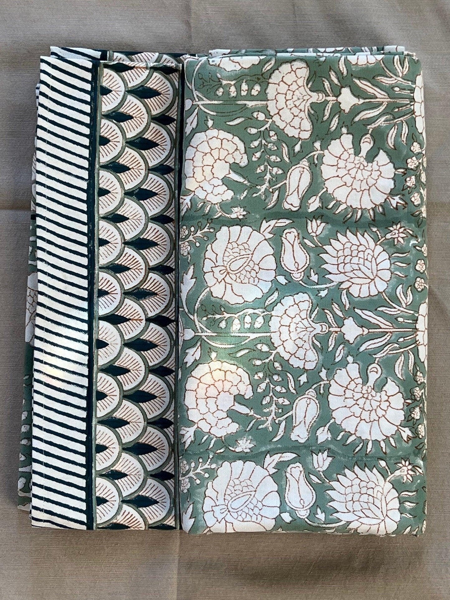 Sage Green Floral Block Print Tablecloth: Cotton Christmas Table Decor