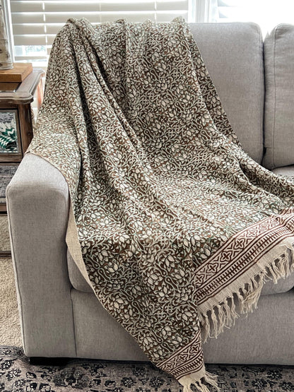 Hand Block Print Cotton Throw Blanket: Boho Floral Tassel Decor