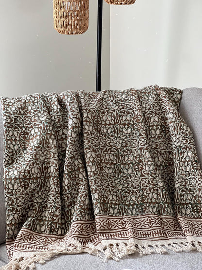 Hand Block Print Cotton Throw Blanket: Boho Floral Tassel Decor
