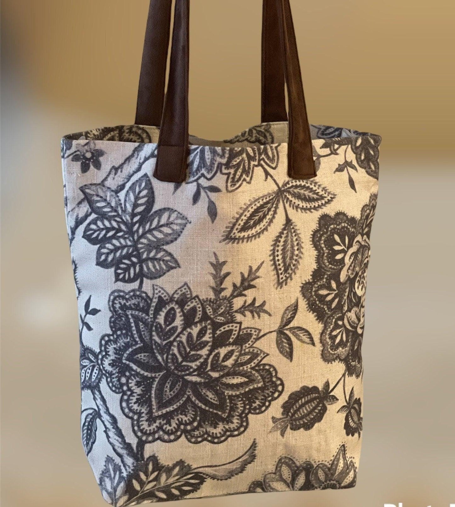 Linen Floral Tote Bag: Reusable Market Bag with Zipper Pocket