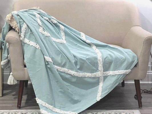 Tufted Woven Cotton Throw Blanket: Sea Blue Boho Decor (50"x60")