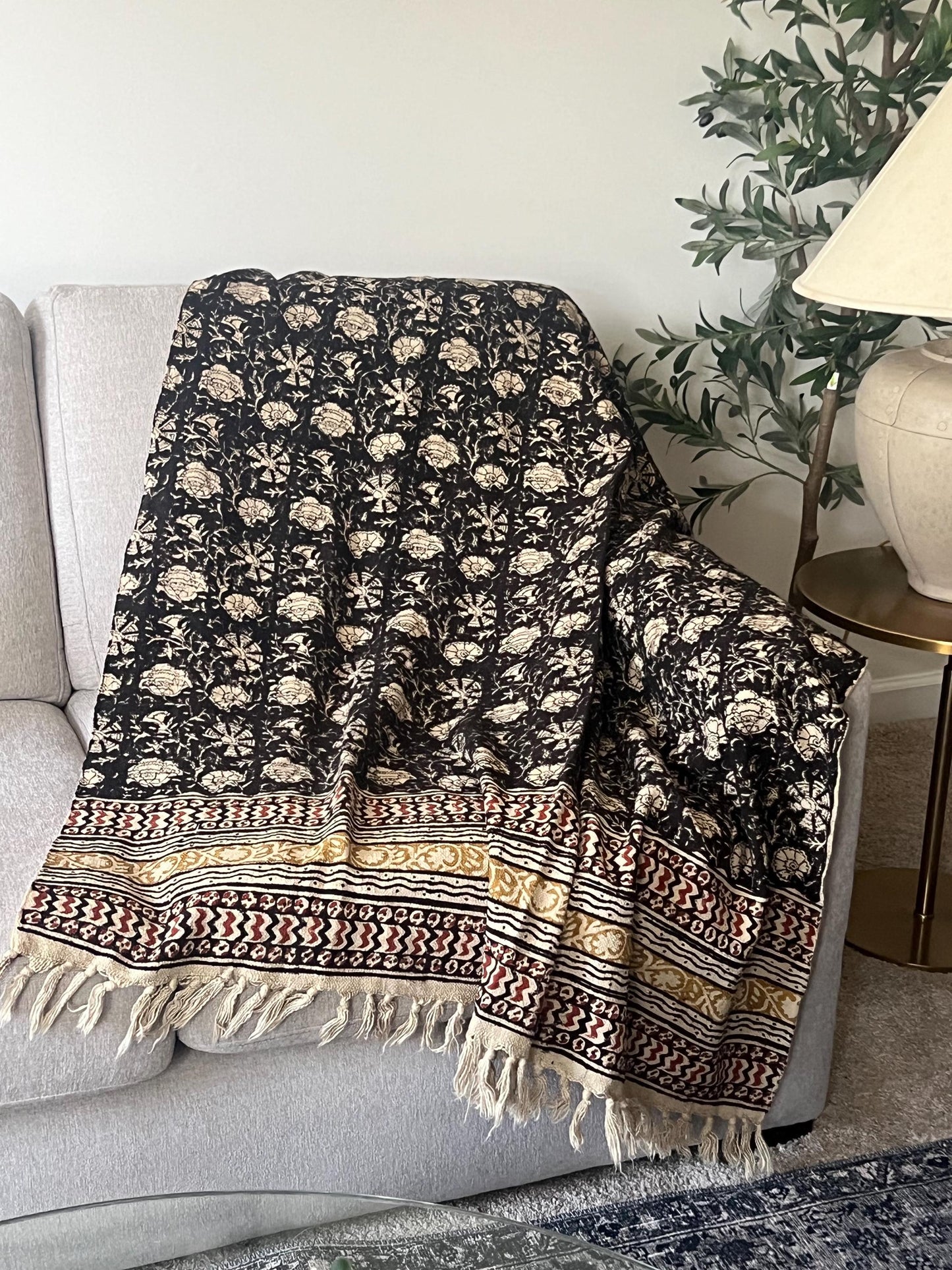 Handmade Block Print Cotton Throw Blanket: Black Floral Boho Decor