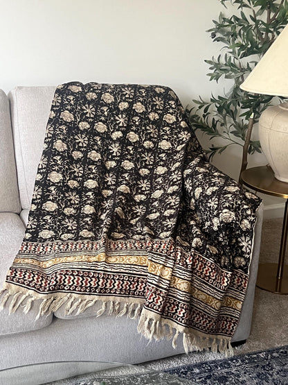 Handmade Block Print Cotton Throw Blanket: Black Floral Boho Decor