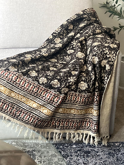 Handmade Block Print Cotton Throw Blanket: Black Floral Boho Decor