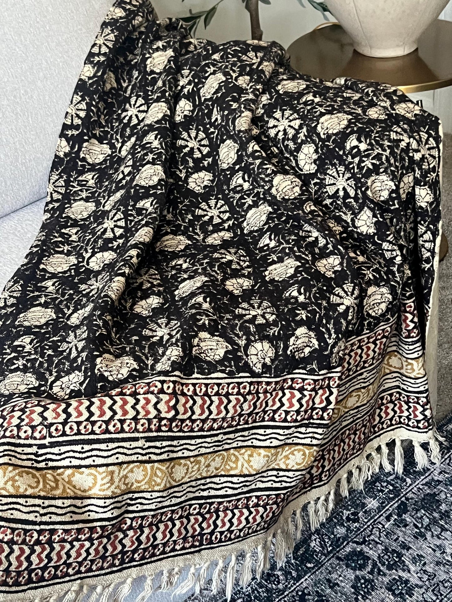 Handmade Block Print Cotton Throw Blanket: Black Floral Boho Decor