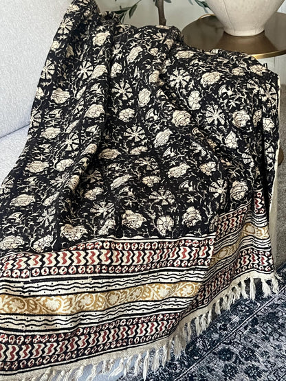 Handmade Block Print Cotton Throw Blanket: Black Floral Boho Decor