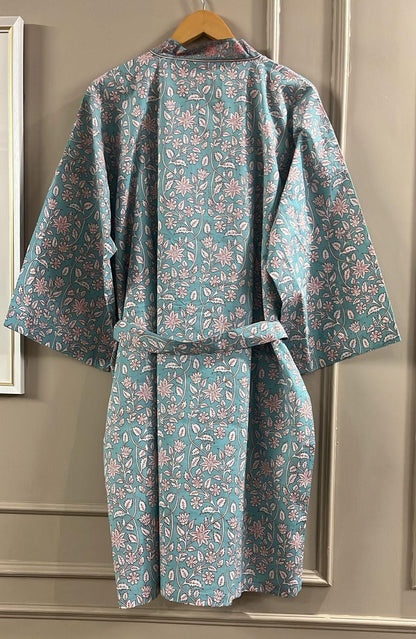 Blue Cotton Kimono Robe, Block Print Boho Dressing Gown