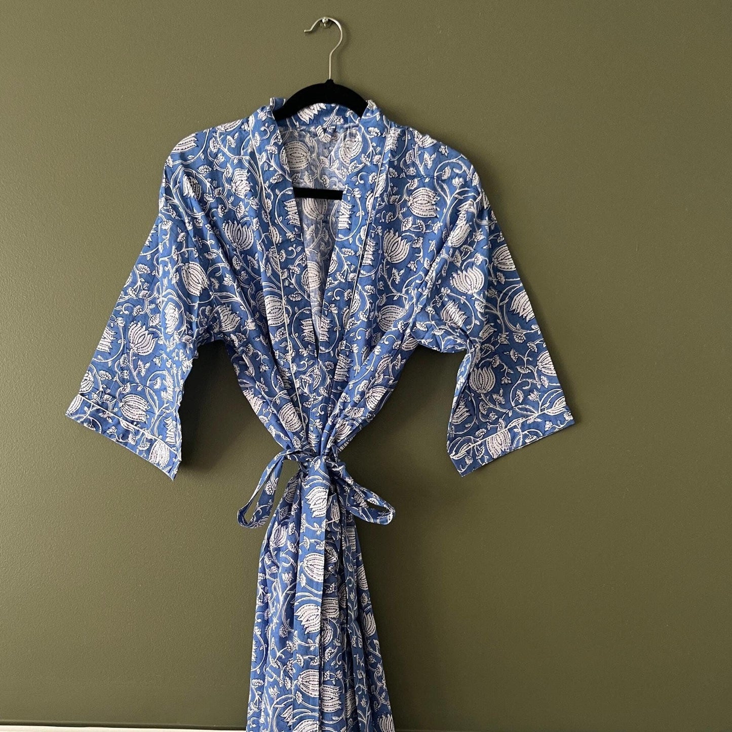 Floral Cotton Wrap Robe, Lightweight Block Print Dressing Gown