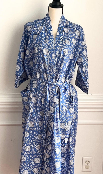 Floral Cotton Robe, Lightweight Block Print Dressing Gown