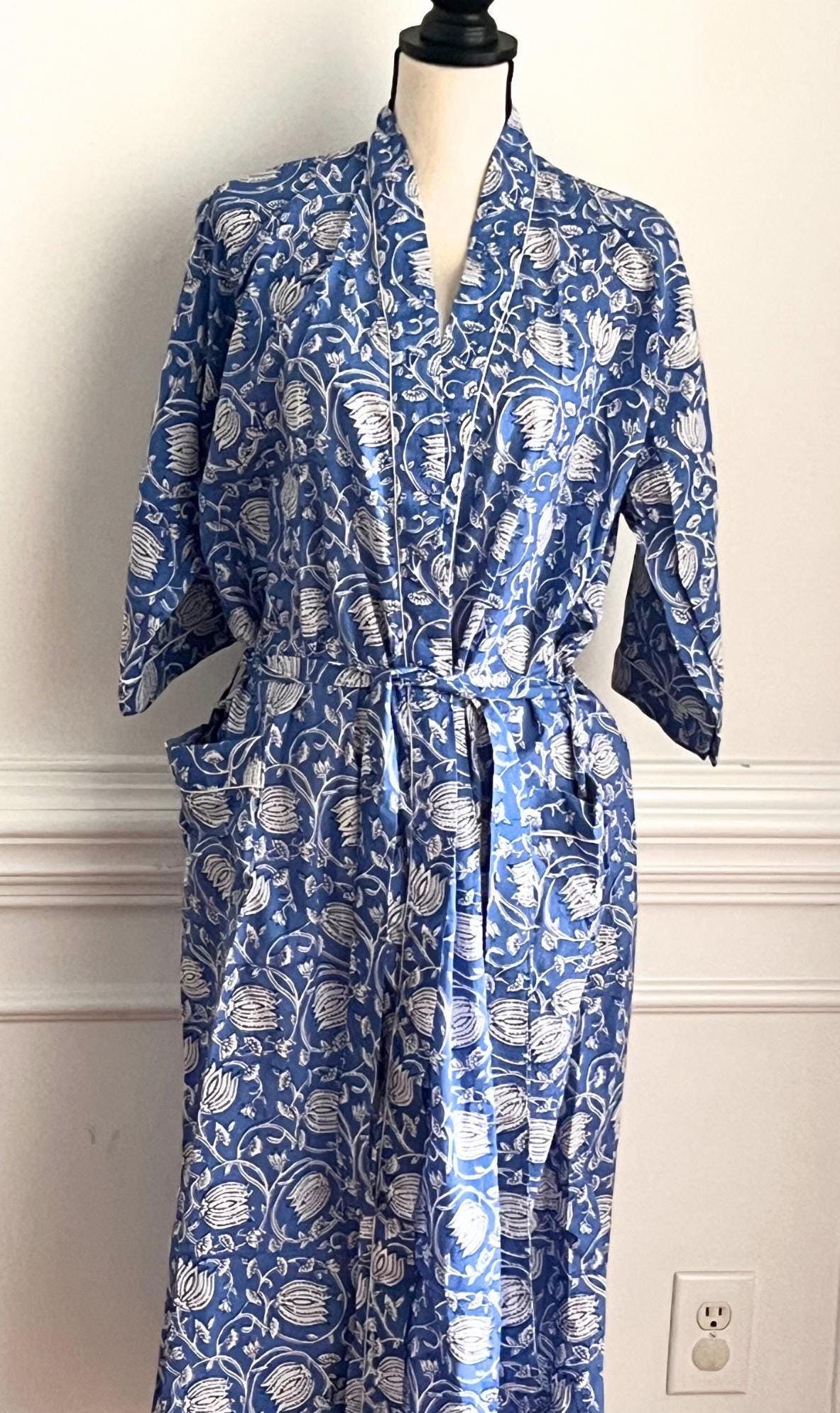 Floral Cotton Wrap Robe, Lightweight Block Print Dressing Gown