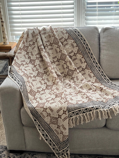 Hand Block Print Cotton Throw Blanket: Brown Floral Boho Decor