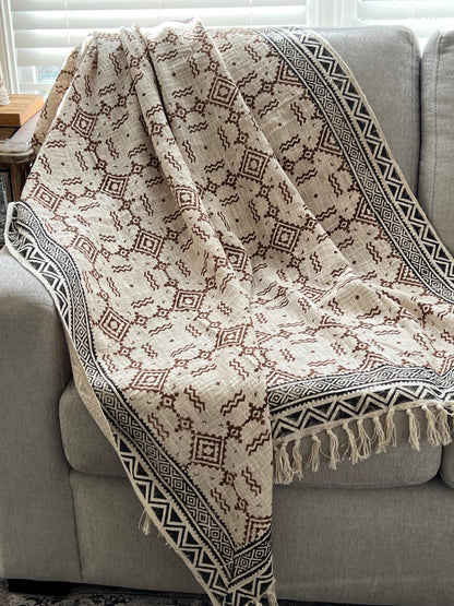 Hand Block Print Cotton Throw Blanket: Brown Floral Boho Decor