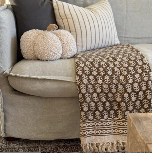 Vintage dark brown floral throw blanket couch boho chic home decor inspiration handmade block print for bedroom, Gift for Mom